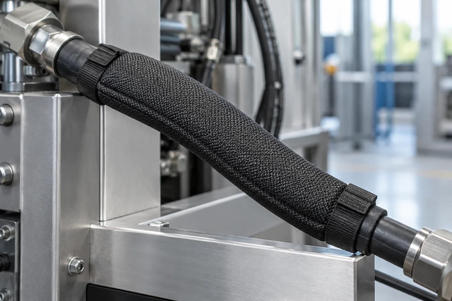 Woven protective textile sleeve around a flexible hose beside a clean machine frame