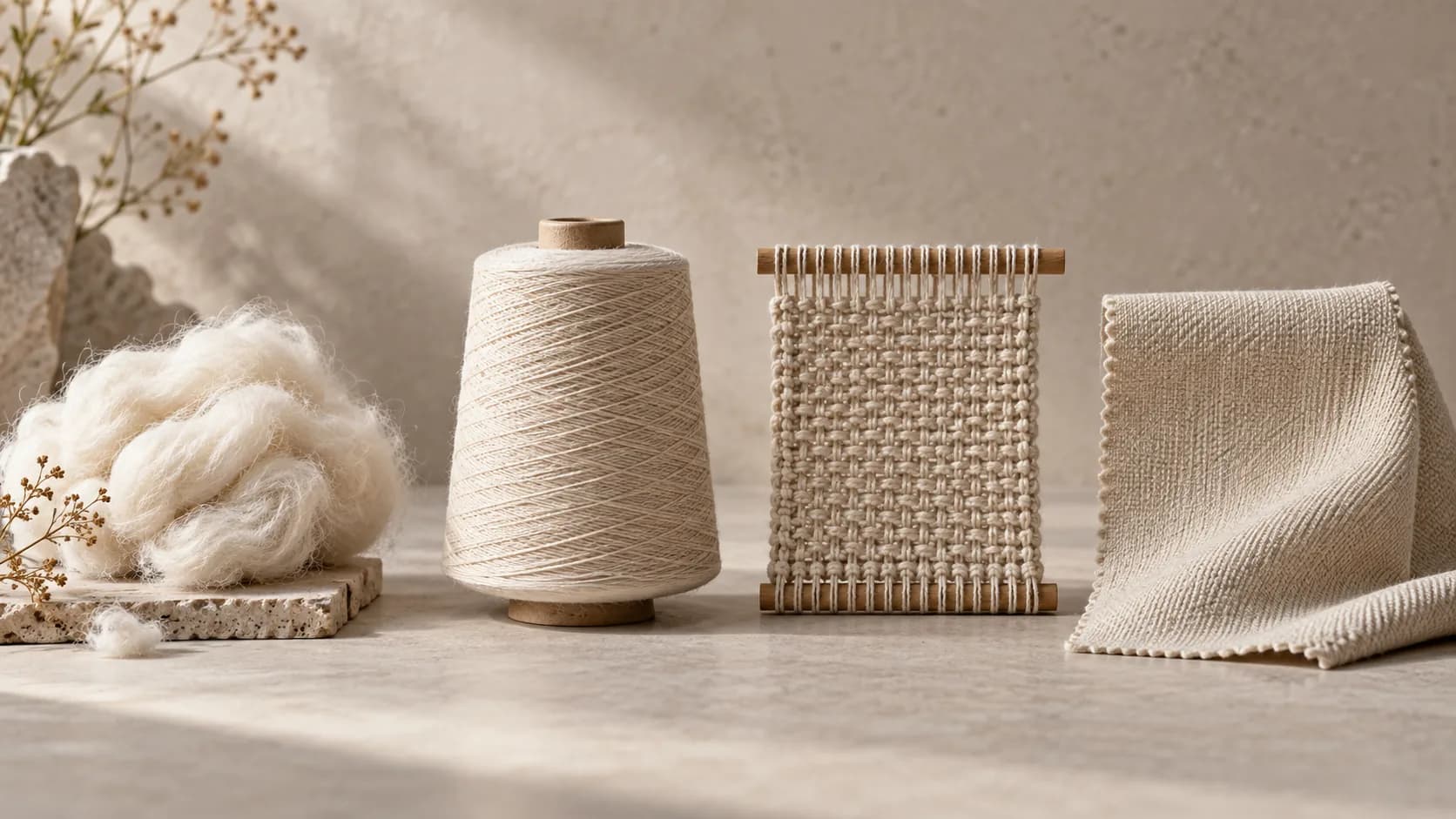 Educational concept showing a sequence from yarn reference to fabric sample