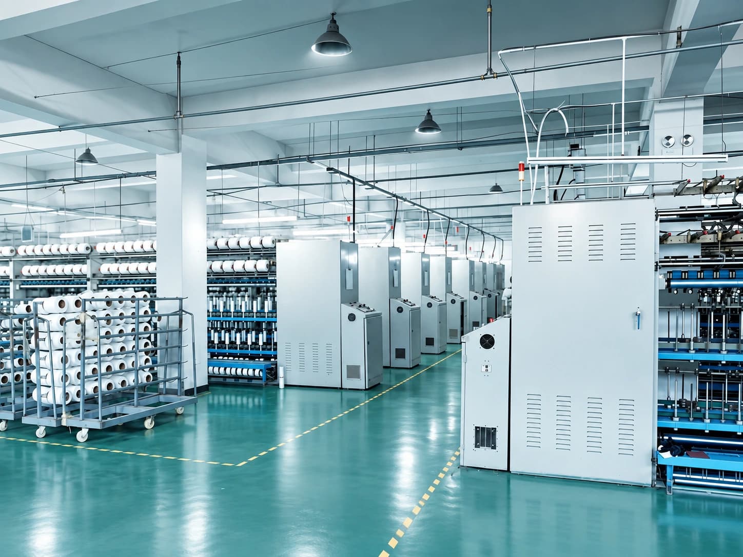 Illustrative visual of yarn-production equipment in a bright workshop