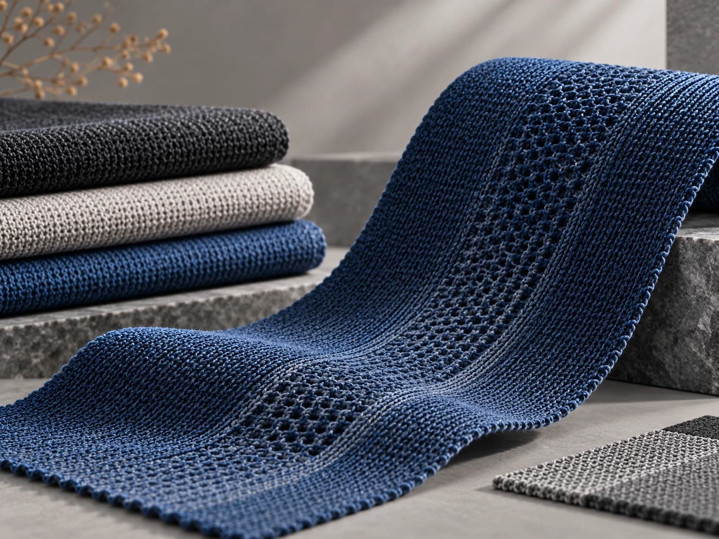 Material visual of blue knitted textile structure