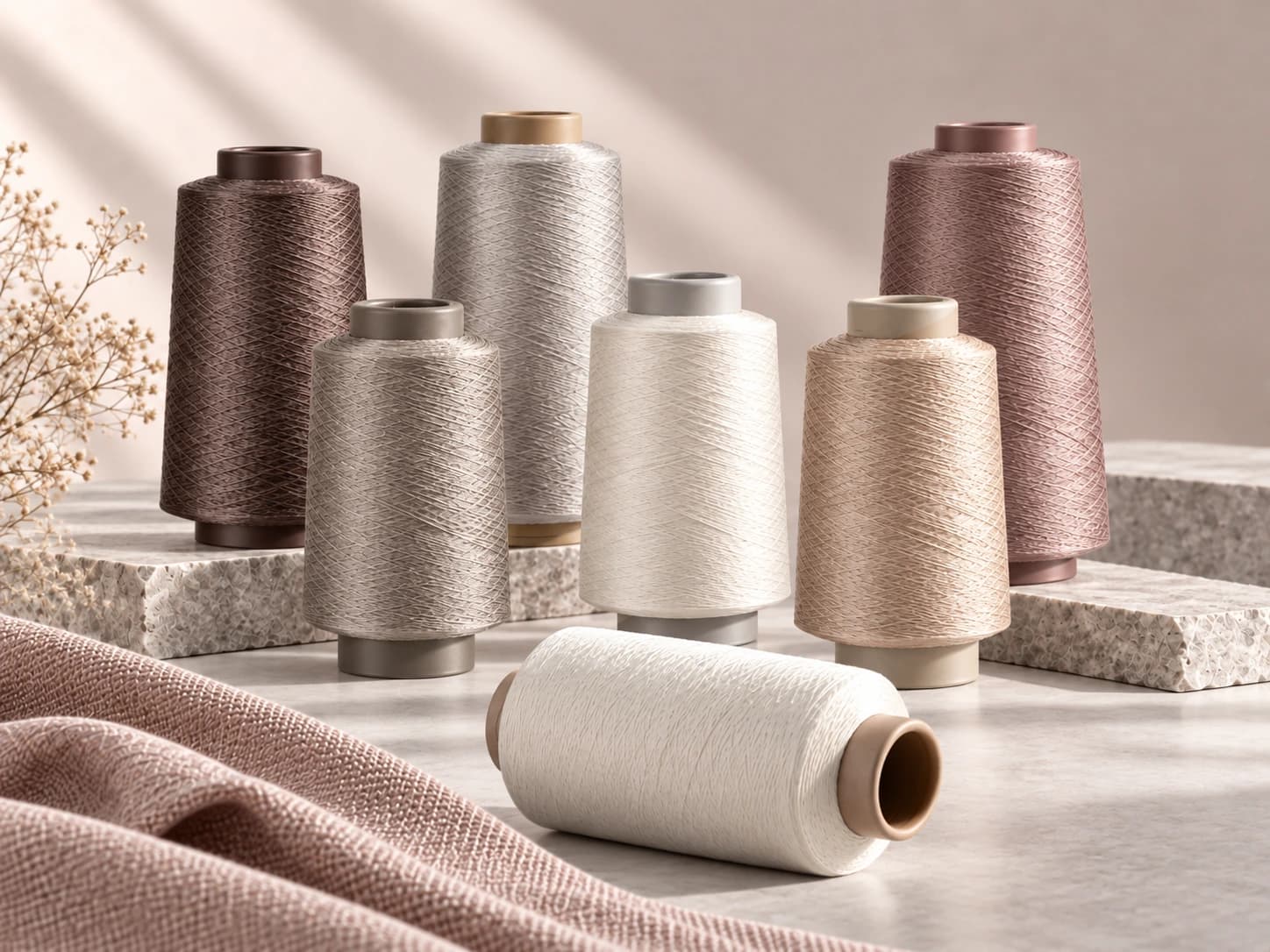 Brand visual of light-colored yarn packages