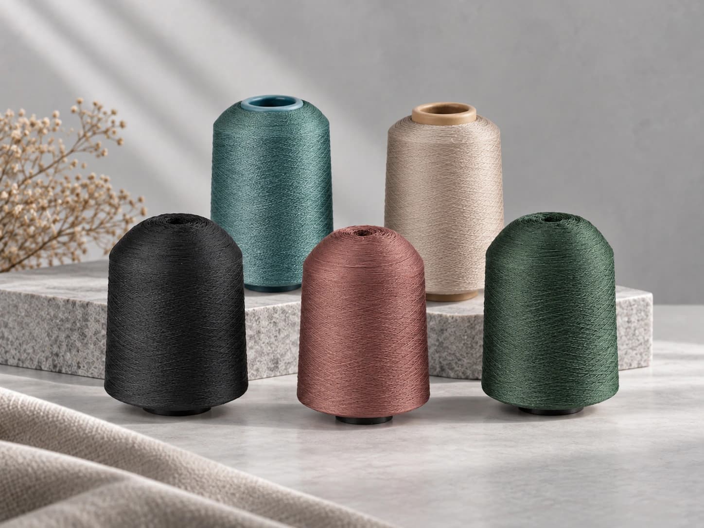 Brand visual of five yarn packages in varied colors